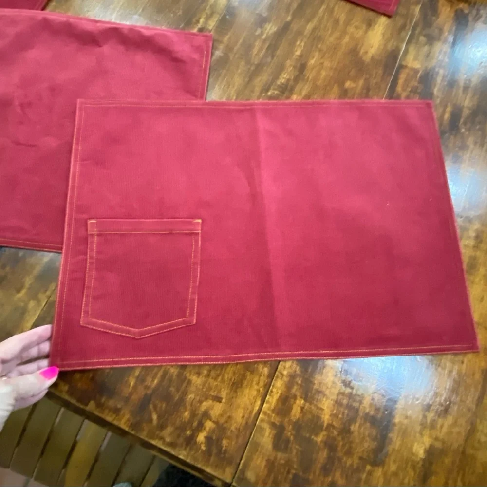 Pottery Barn Set of 4 Dark Red Corduroy Placemats w/ Pocket Cotton Cord 14X20